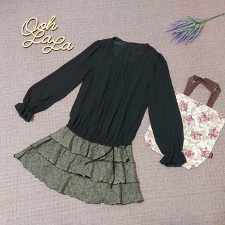 日本 0918 優雅淑女 雪紡 拼接 三層蛋糕裙 縮腰 黑色 長袖洋裝 連身裙 連衣裙