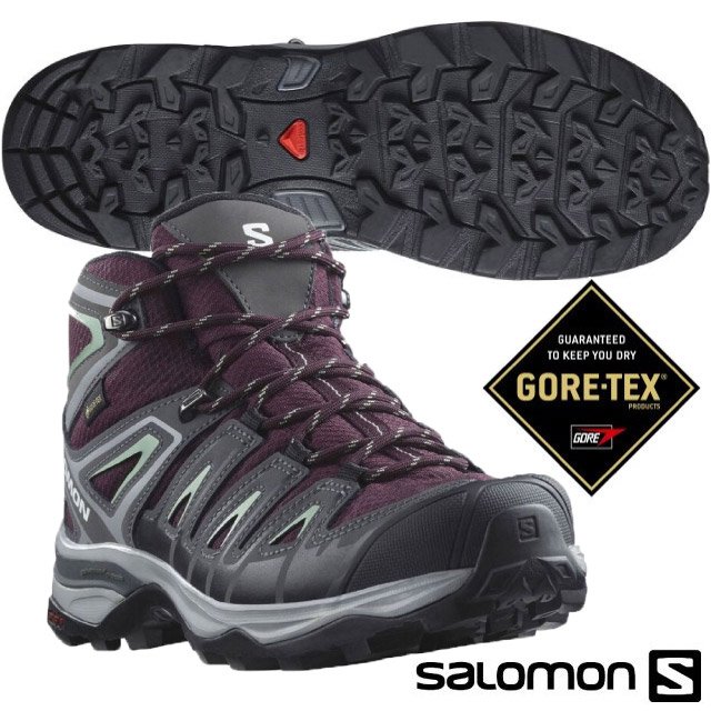 【索羅門 SALOMON】女 X Ultra Pioneer Mid GTX 防水透氣耐磨中筒登山鞋.Gore-Tex+Mud Contagrip大底/471706 酒紅/灰/綠