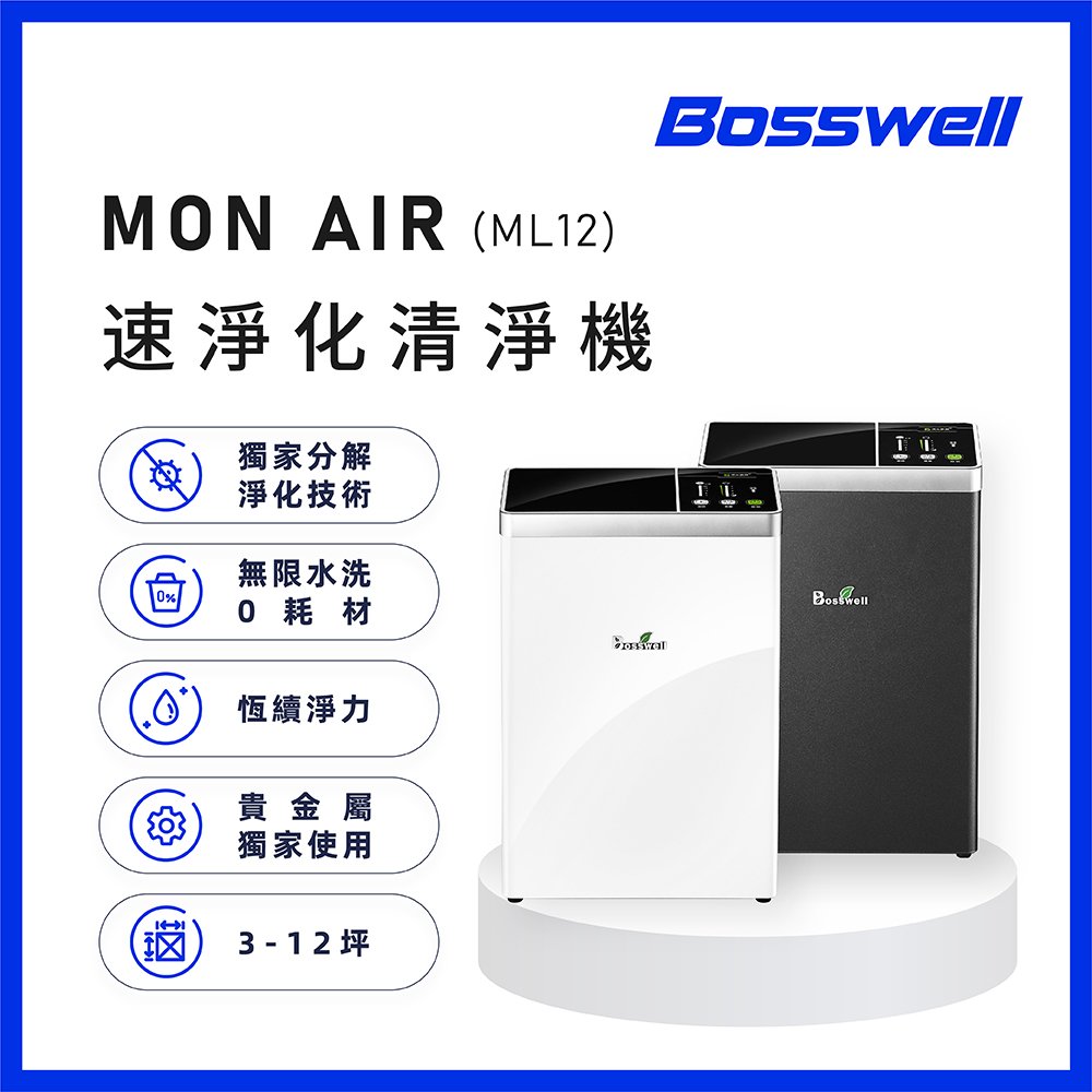 【BOSSWELL博士韋爾】MonAir零耗材空氣清淨機3-12坪 - 免耗材、電離除菌、除過敏 (ML12)