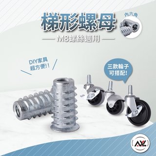 AXL 預埋螺母 內外牙螺母 木工鐵 搭配M8螺絲牙輪子 梯形傢俱預埋螺母 (台灣製/2顆螺母販售)(12元)