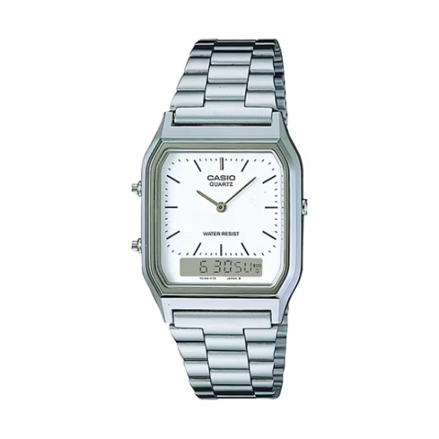 【CASIO 卡西歐】經典復古簡約單針時標時尚雙顯腕錶-優雅銀/AQ-230A-7D/台灣總代理公司貨享一年保固