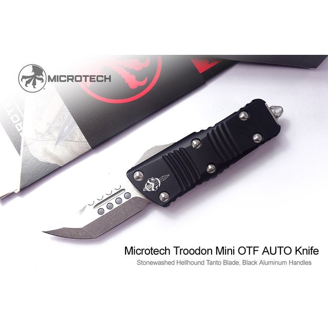 Microtech Mini Troodon黑鋁柄彈簧刀(石洗TANTO刃)/簽名版-MT 819-10S