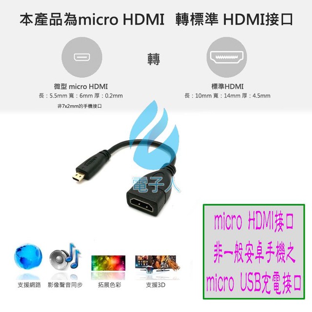 Micro HDMI 公 轉 HDMI 母 影音轉接線 1.4版 鍍金接頭 15CM