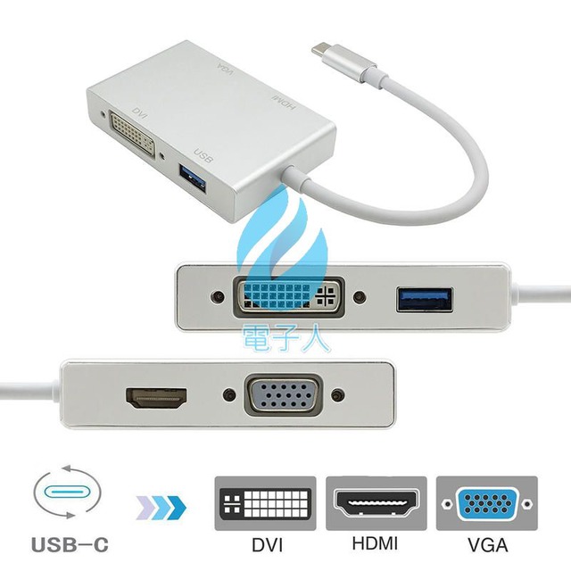 高清轉接器 TYPE-C 轉 VGA DVI HDMI USB 4合1 支援1080P