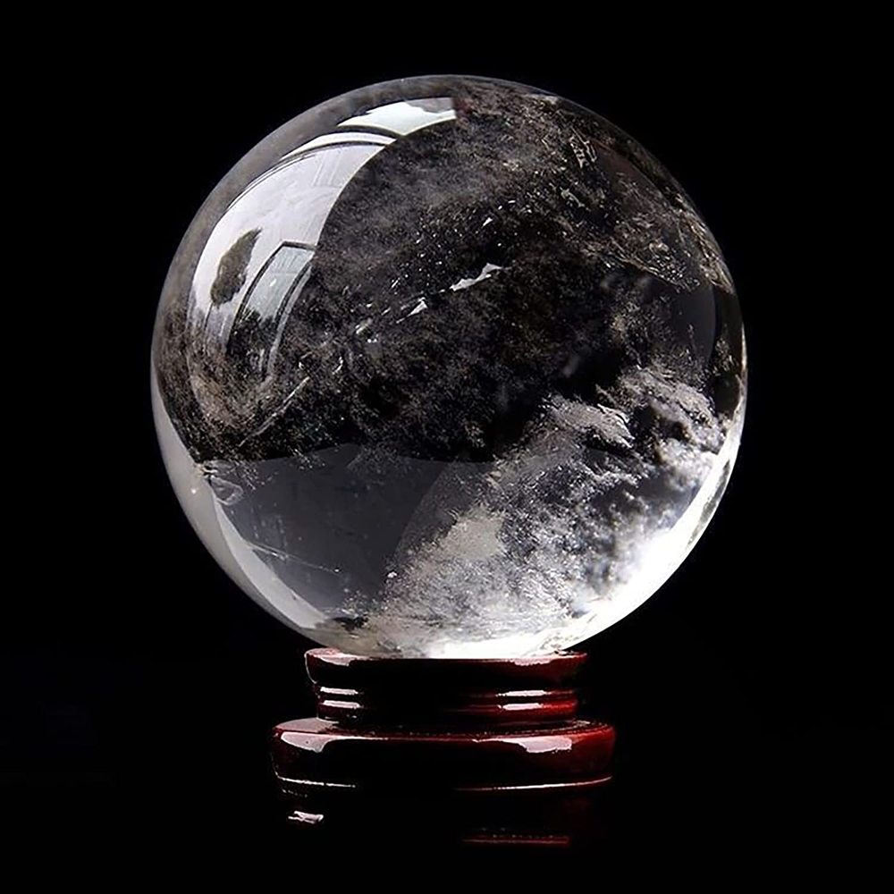 日本製~全天然真品水晶球 44-46mm 高透明度天然水晶球 美麗透明真品 帶木底座 完全天然石材
