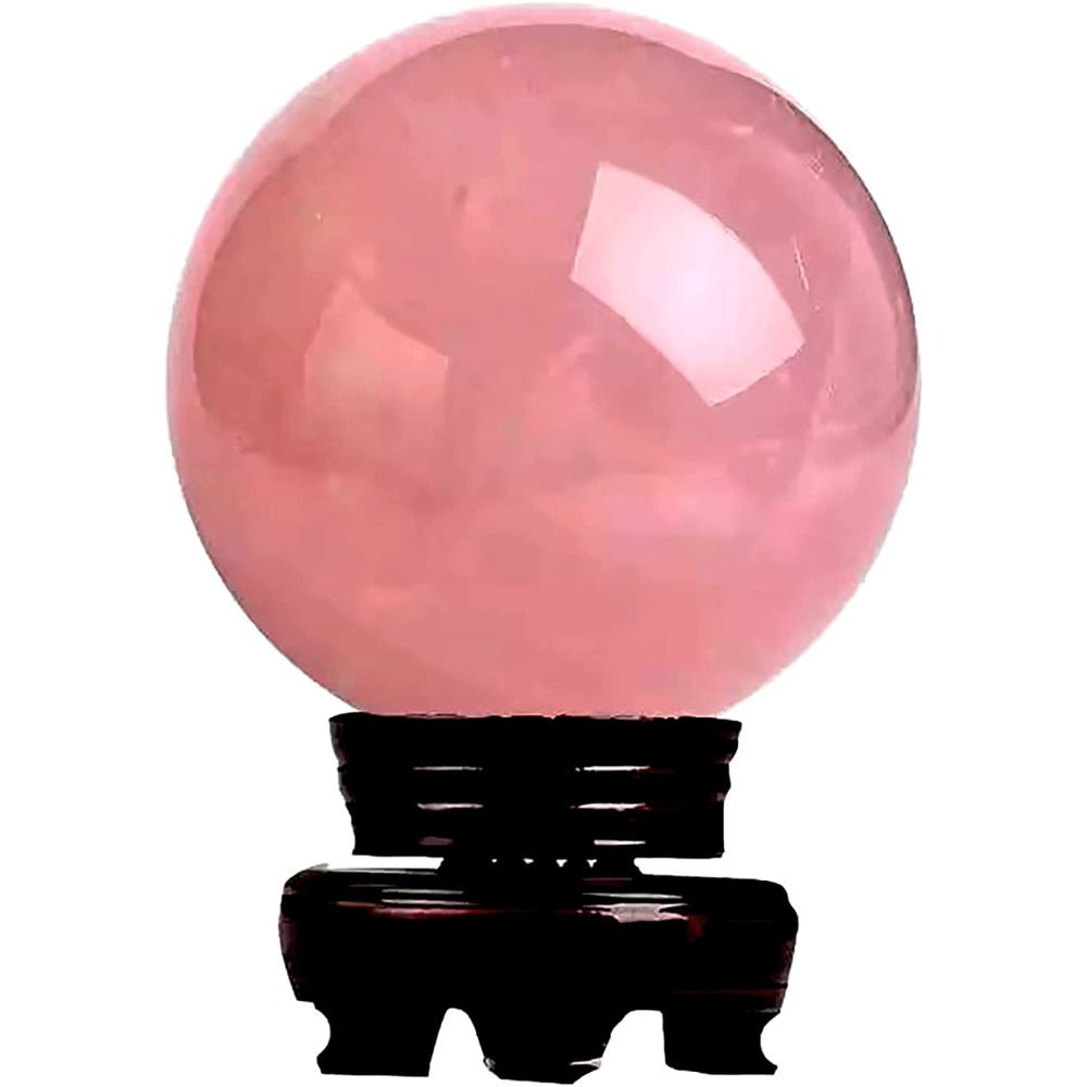 日本製~全天然真品玫瑰石英石 40-42mm 高透明度天然水晶球 美麗透明真品 帶木底座 完全天然石材