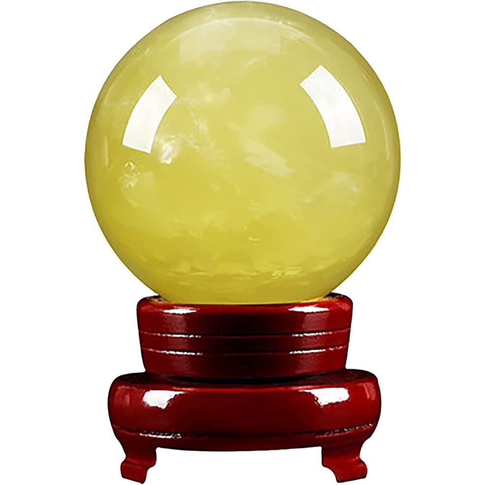 日本製~全天然真品黃水晶 38-40mm 高透明度天然水晶球 美麗透明真品 帶木底座 完全天然石材