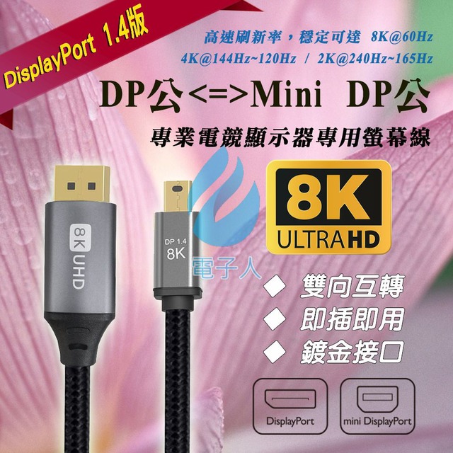 1.4版 電競級 DP公-MINI DP公 雙向傳輸線 5米