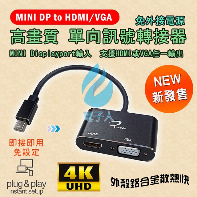 MINI DP 轉 HDMI / VGA 二合一 轉換器 支援4K