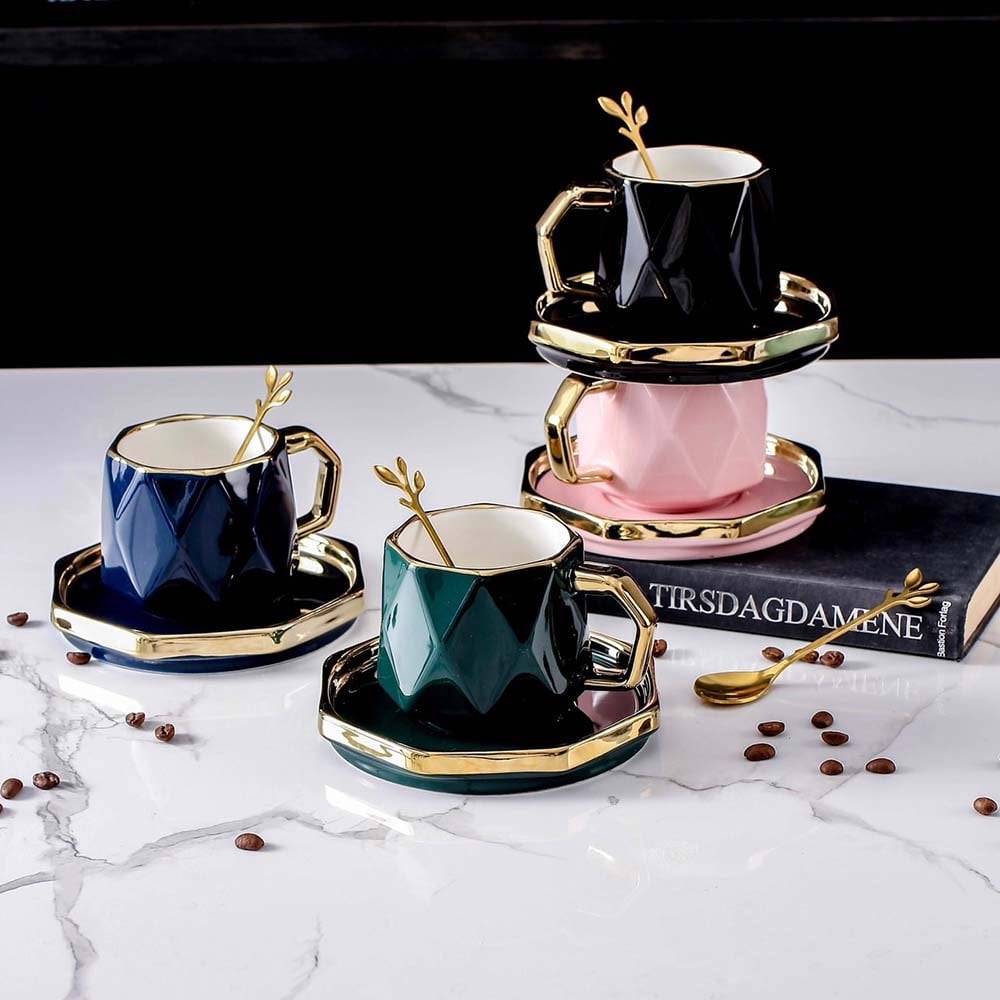 北歐風陶瓷水晶咖啡杯 奢侈套裝組 辦公杯 馬克杯