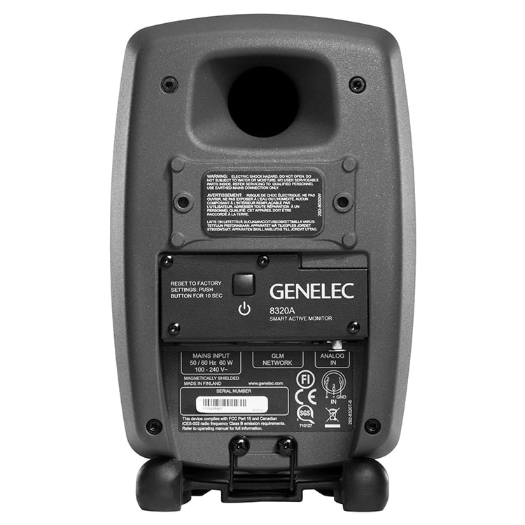 RNG ELECTRIC            NO         EARTHED   LY                         A   ON             RESET TO FACTORYSETTINGS PUSHUTTON FOR 10 SECGENELEC8320ASMART ACTIVE MONITORMAINS INPUT50/0 Hz 60 W100240VMAGNETICALLY MADE IN GLMNETWORKFISERIAL NUMBERThis device  with  Part 15 and -   B        CESGSANALOGININ-6