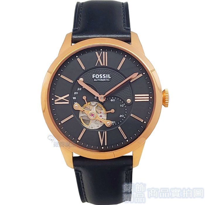 FOSSIL ME3170 手錶 鏤空 機械錶 12、24時制雙顯 玫瑰金殼 黑面 黑色錶帶 44mm男錶【錶飾精品】