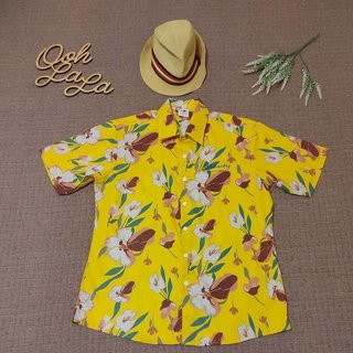 SINLEE 潮男夏日必備 雞蛋花印花 夏威夷襯衫 古巴襯衫 黃色 男短袖花襯衫 9成新 XL