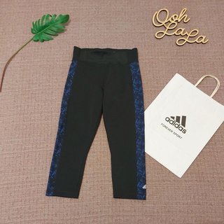 美國 Adidas climalite Logo 紫色花邊 緊身 7分運動褲 瑜伽 運動休閒 黑色女運動褲 緊身運動褲S