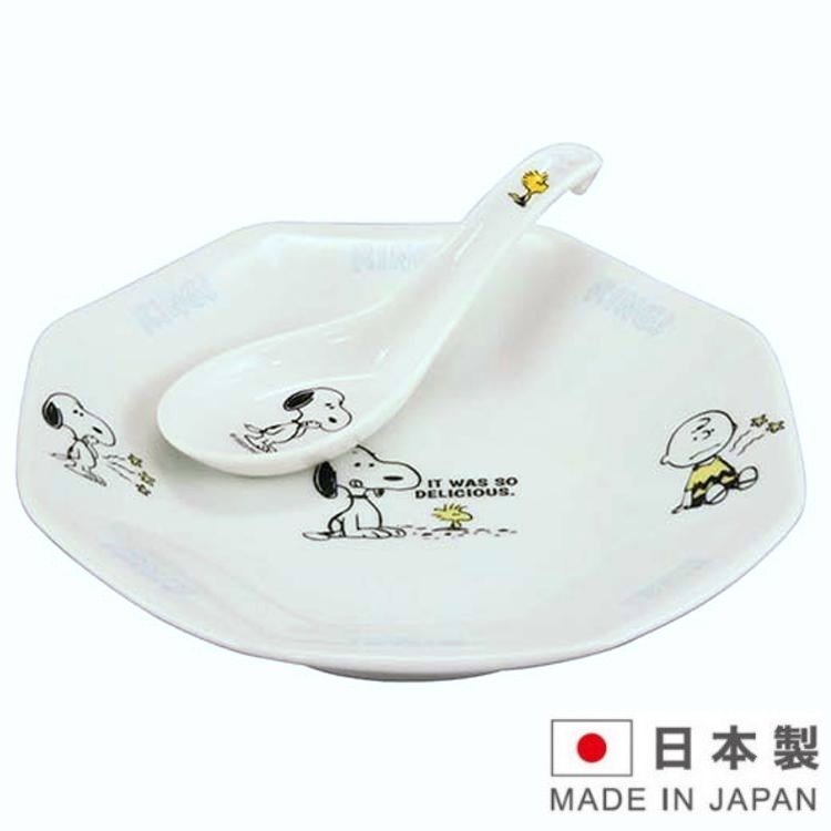 asdfkitty*日本製 SNOOPY史努比肚子餓 陶瓷八角盤附湯匙-炒飯盤/餐盤-正版