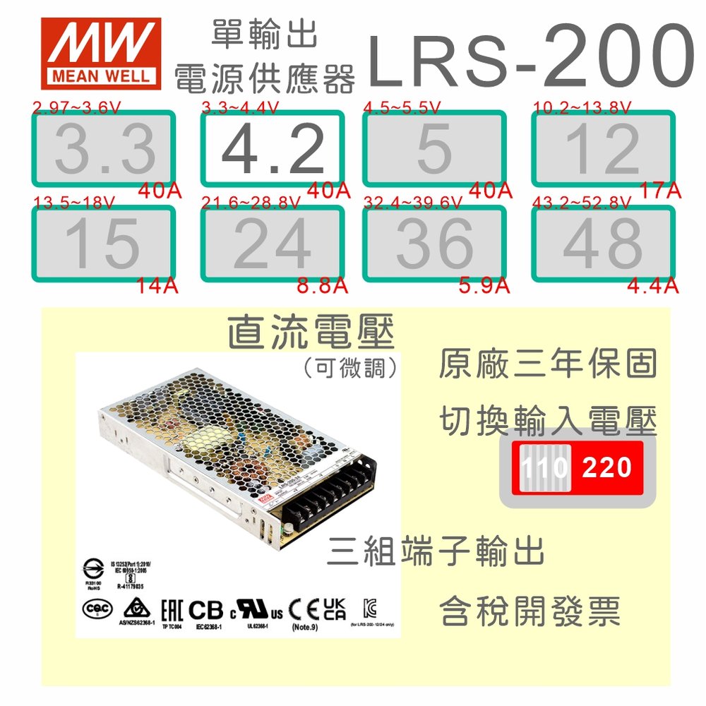 【保固附發票】MW明緯 AC-DC 200W LRS-200-4.2 4.2V 變壓器 監視器 LED燈條 驅動器 電源
