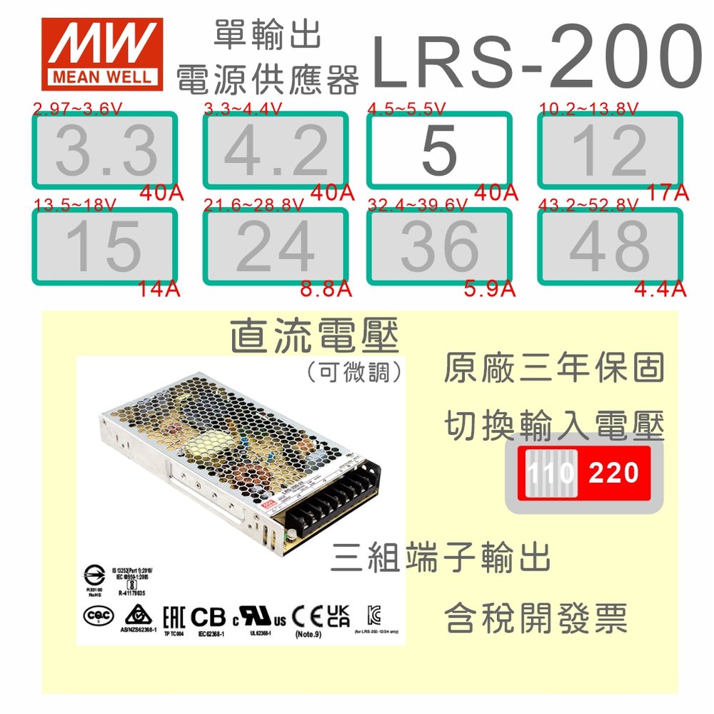 【保固附發票】MW明緯 AC-DC 200W LRS-200-5 5V 變壓器 監視器 LED燈條 驅動器 電源