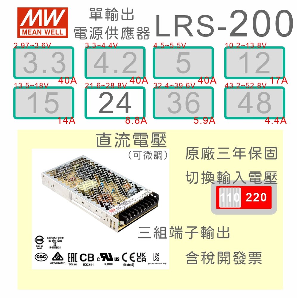 【保固附發票】MW明緯 AC-DC 200W LRS-200-24 24V 變壓器 監視器 LED燈條 驅動器 電源