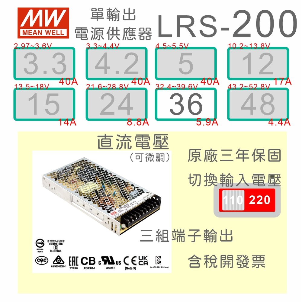 【保固附發票】MW明緯 AC-DC 200W LRS-200-36 36V 變壓器 監視器 LED燈條 驅動器 電源