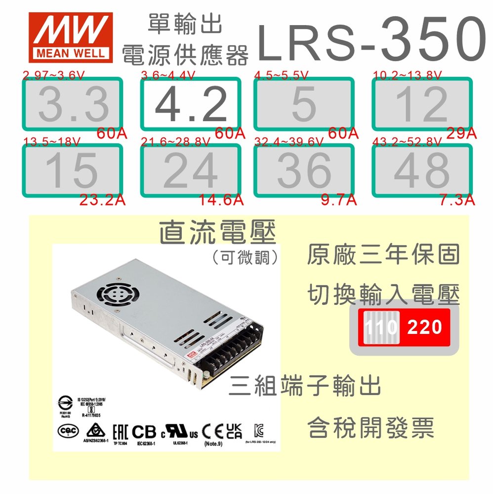 【保固附發票】MW明緯 AC-DC 350W LRS-350-4.2 4.2V 變壓器 監視器 LED燈條 驅動器 電源