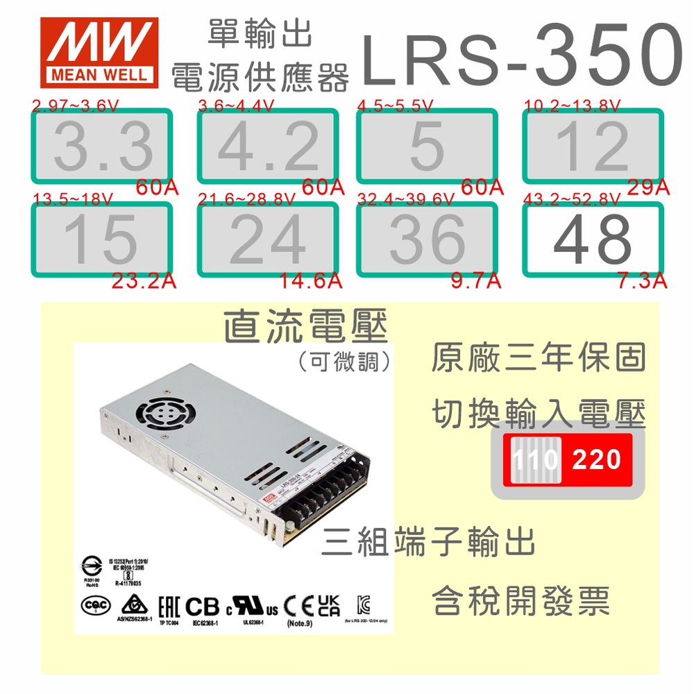 【保固附發票】MW明緯 AC-DC 350W LRS-350-48 48V 變壓器 監視器 LED燈條 驅動器 電源