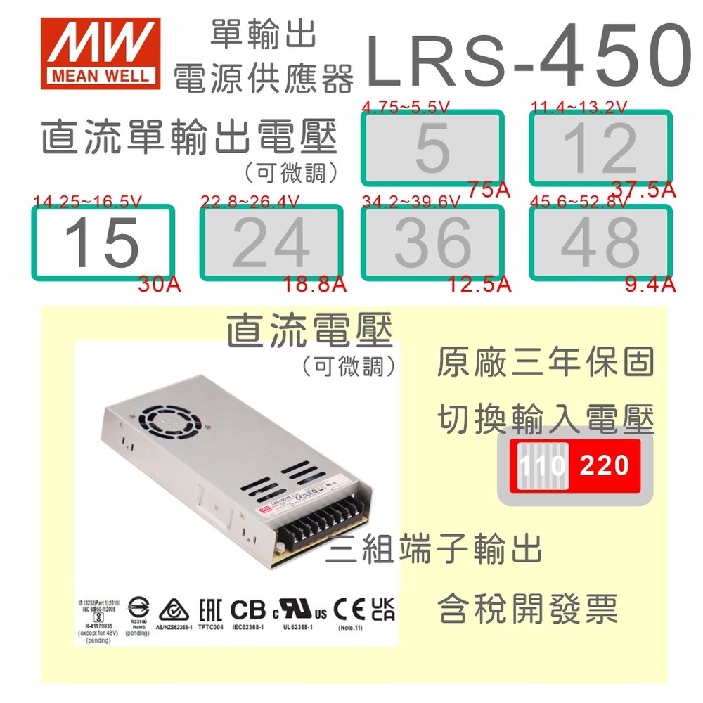 【保固附發票】MW明緯 AC-DC 450W LRS-450-15 15V 變壓器 監視器 LED燈條 驅動器 電源