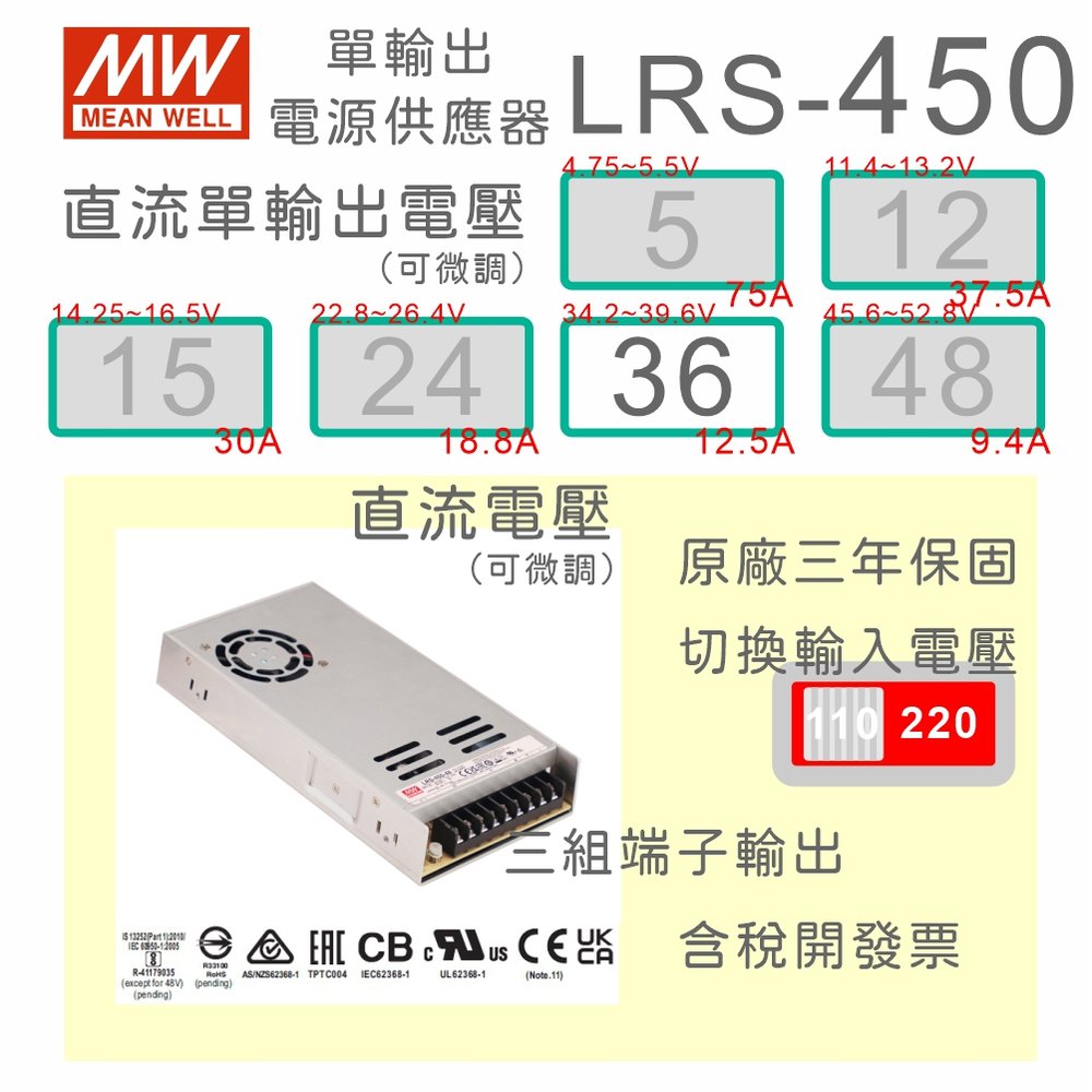 【保固附發票】MW明緯 AC-DC 450W LRS-450-36 36V 變壓器 監視器 LED燈條 驅動器 電源