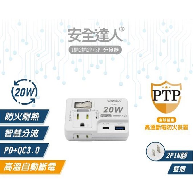 安全達人 R-61PLC 1開2插3P+2P USB插座 自動斷電 20W 附開關閃電壁插/PD+QC 超級快閃充-M