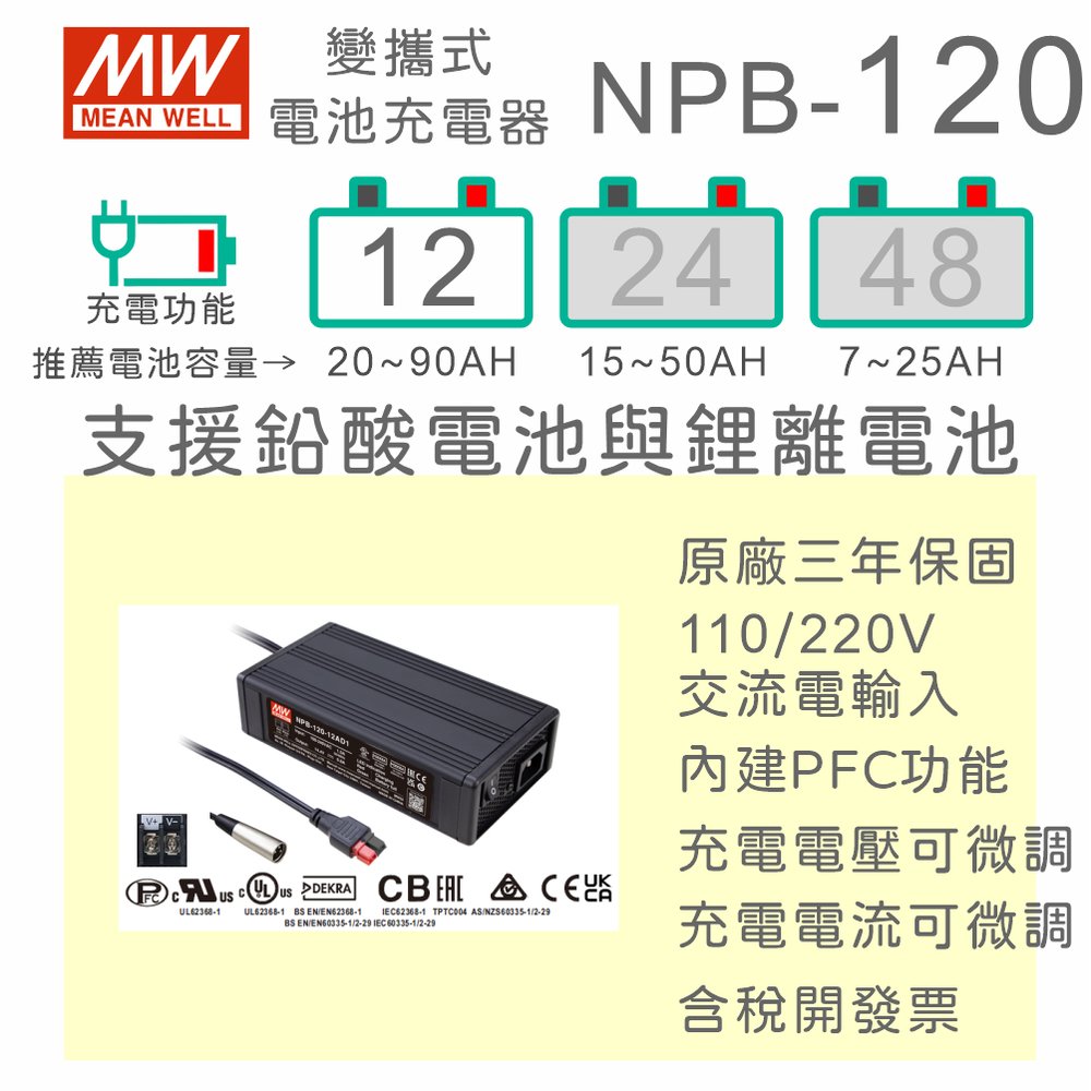 【保固附發票】MW明緯 120W 鉛酸 鋰離電池 NPB-120-12 12V 便攜式寬電壓工業級充電器 20~90AH