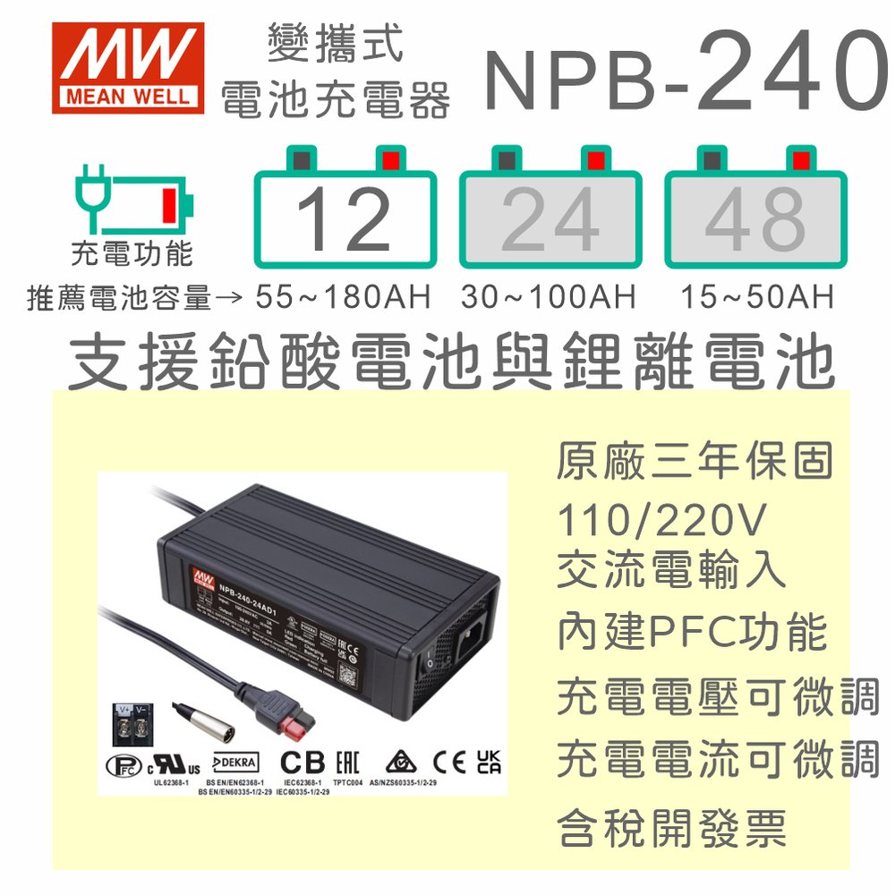 【保固附發票】MW明緯 240W 鉛酸 鋰離電池 NPB-240-12 12V 寬電壓工業級充電器 55~180AH
