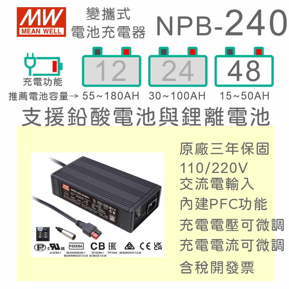 【保固附發票】MW明緯 240W 鉛酸 鋰離電池 NPB-240-48 48V 寬電壓工業級充電器 15~50AH
