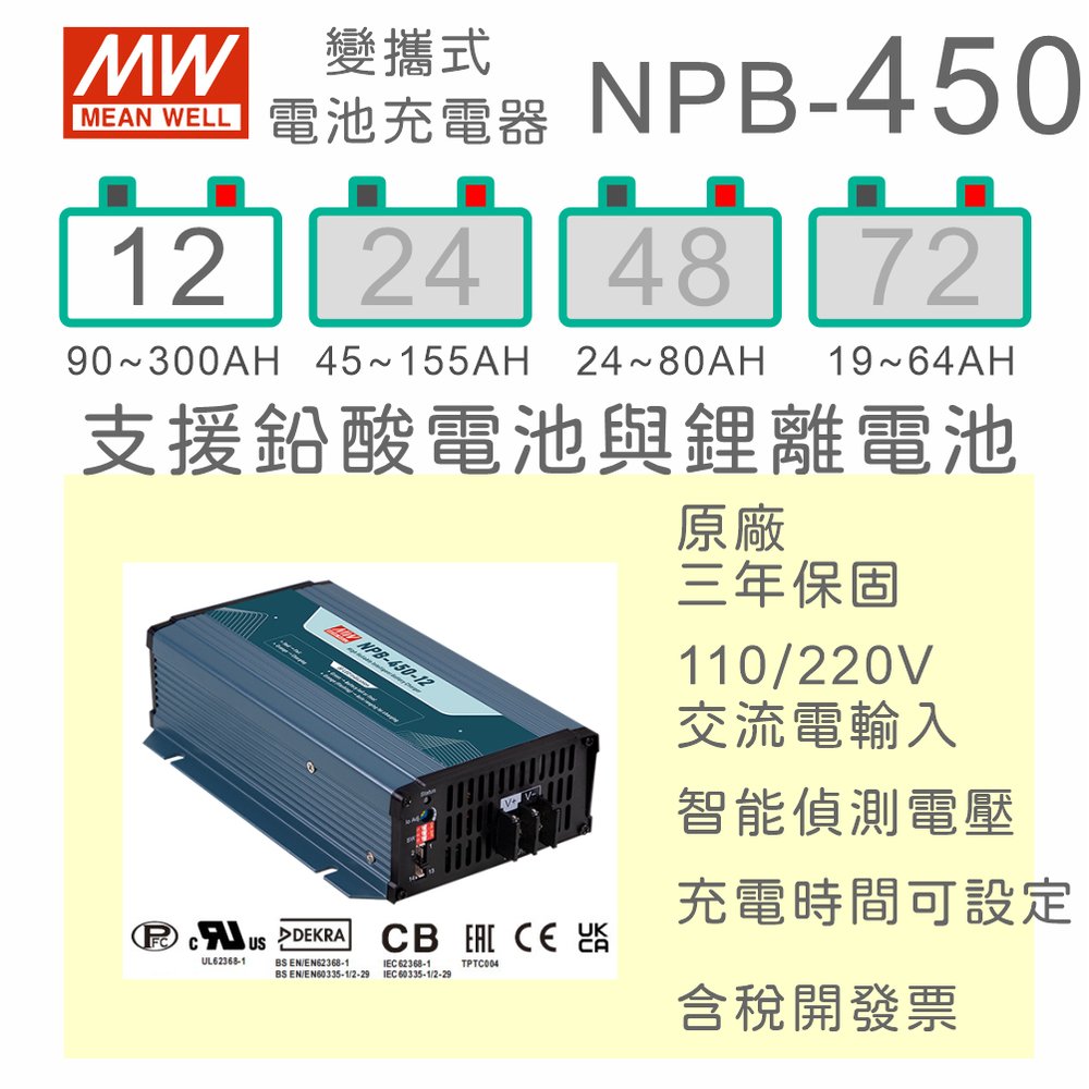 【保固附發票】MW明緯 450W 鉛酸 鋰離電池 NPB-450-12 12V 工業級充電器 90~300AH