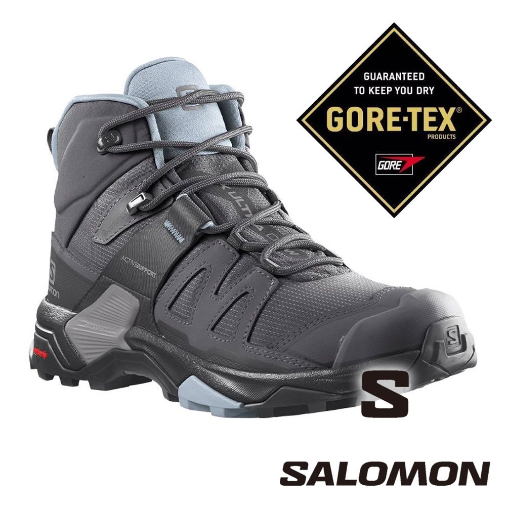【SALOMON 法國】女 X ULTRA 4 GTX中筒登山鞋 『磁灰/黑/藍』416250 登山鞋 健行鞋 多功能鞋 戶外 露營 登山