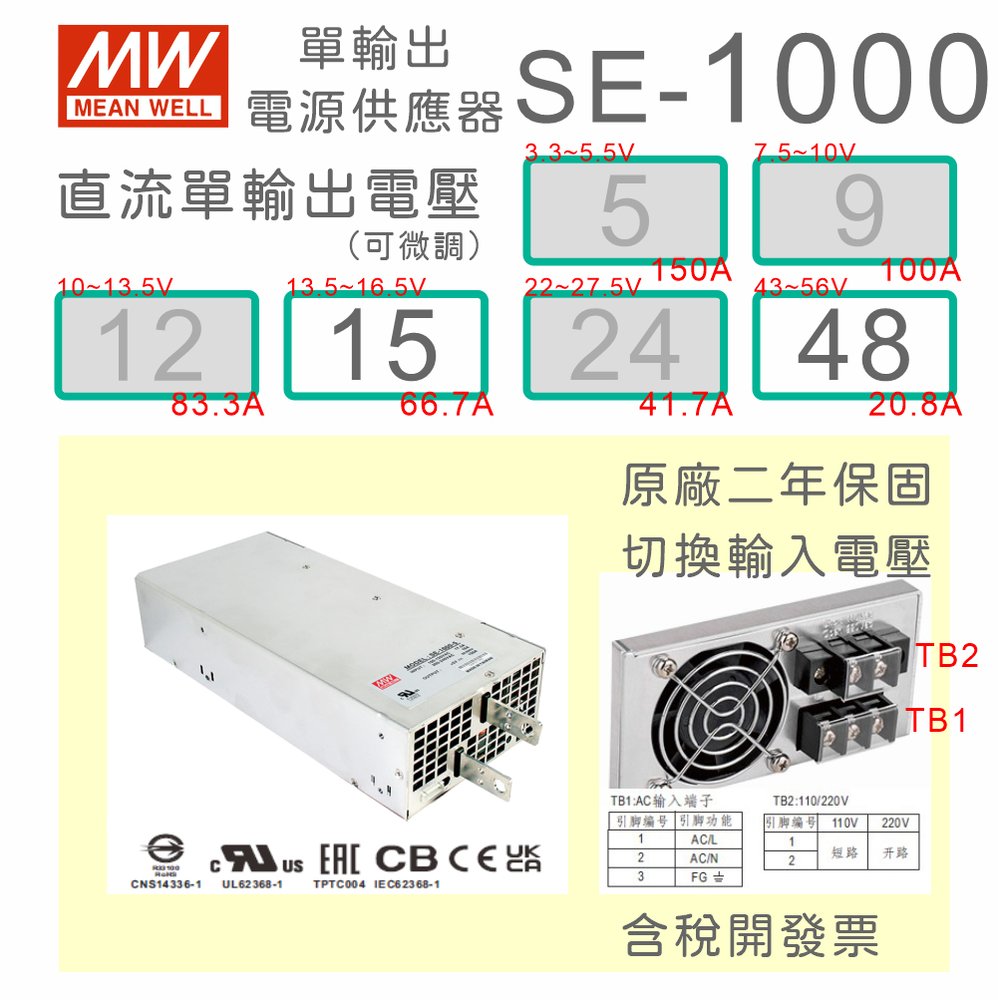【保固附發票】 MW明緯 1000W SE-1000-15 15V 48 48V 變壓器 馬達 LED燈 驅動器 電源