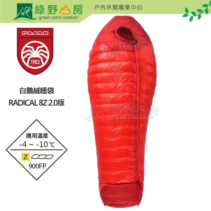《綠野山房》Pajak RADICAL 8Z 2.0版 波蘭白鵝絨睡袋 1030g 900FP 紅 radical-8Z-2