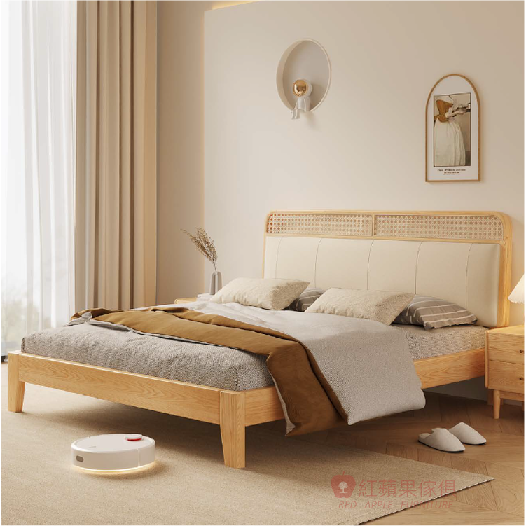 [紅蘋果傢俱] 橡木系列 POKQ-TG619 藤編床 床架 軟包床 實木床架 雙人床 雙人加大床 北歐風 實木