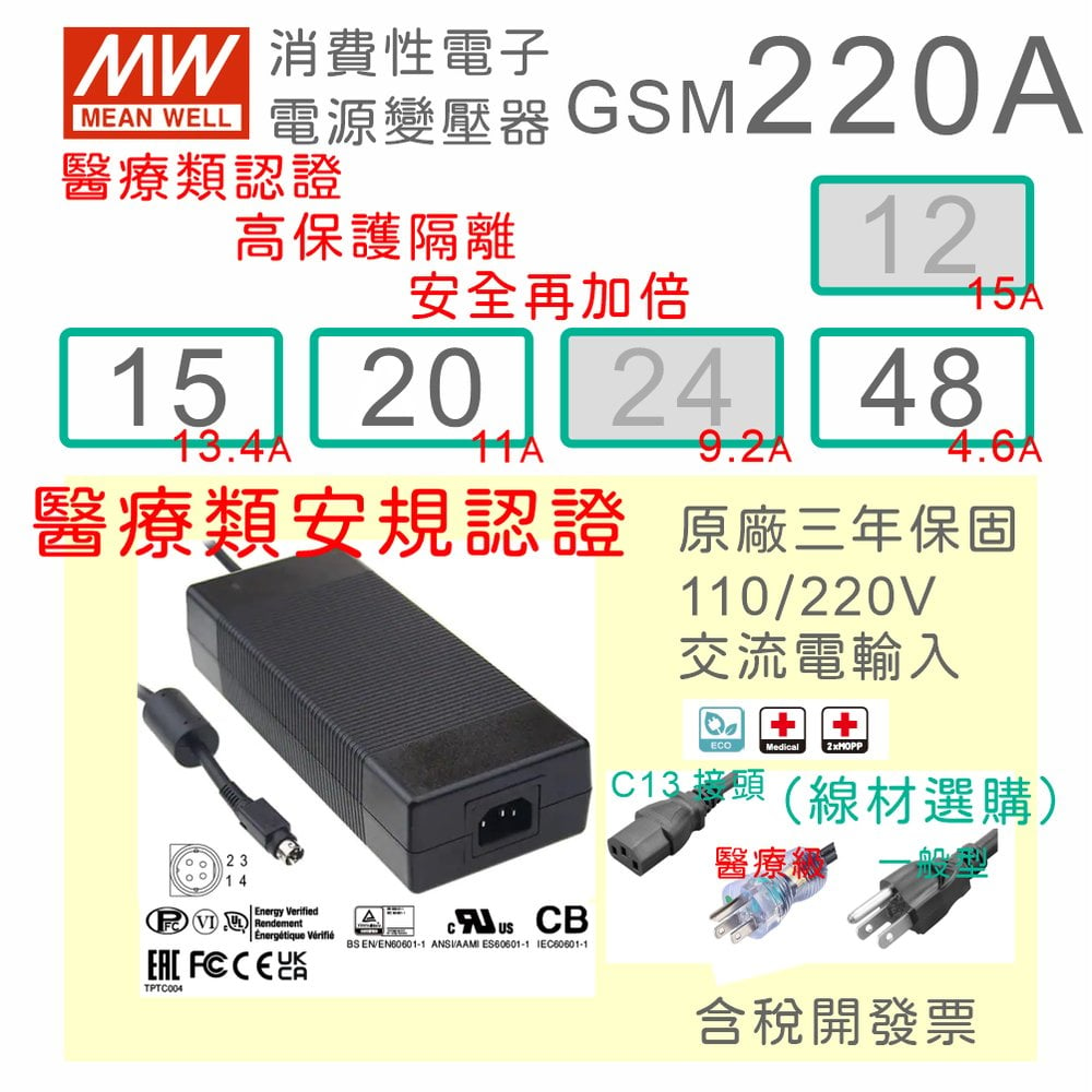 【保固附發票】MW明緯 220W 高信賴醫療級變壓器 GSM220A15 15V 20 20V 48 48V 適配器 醫美儀器