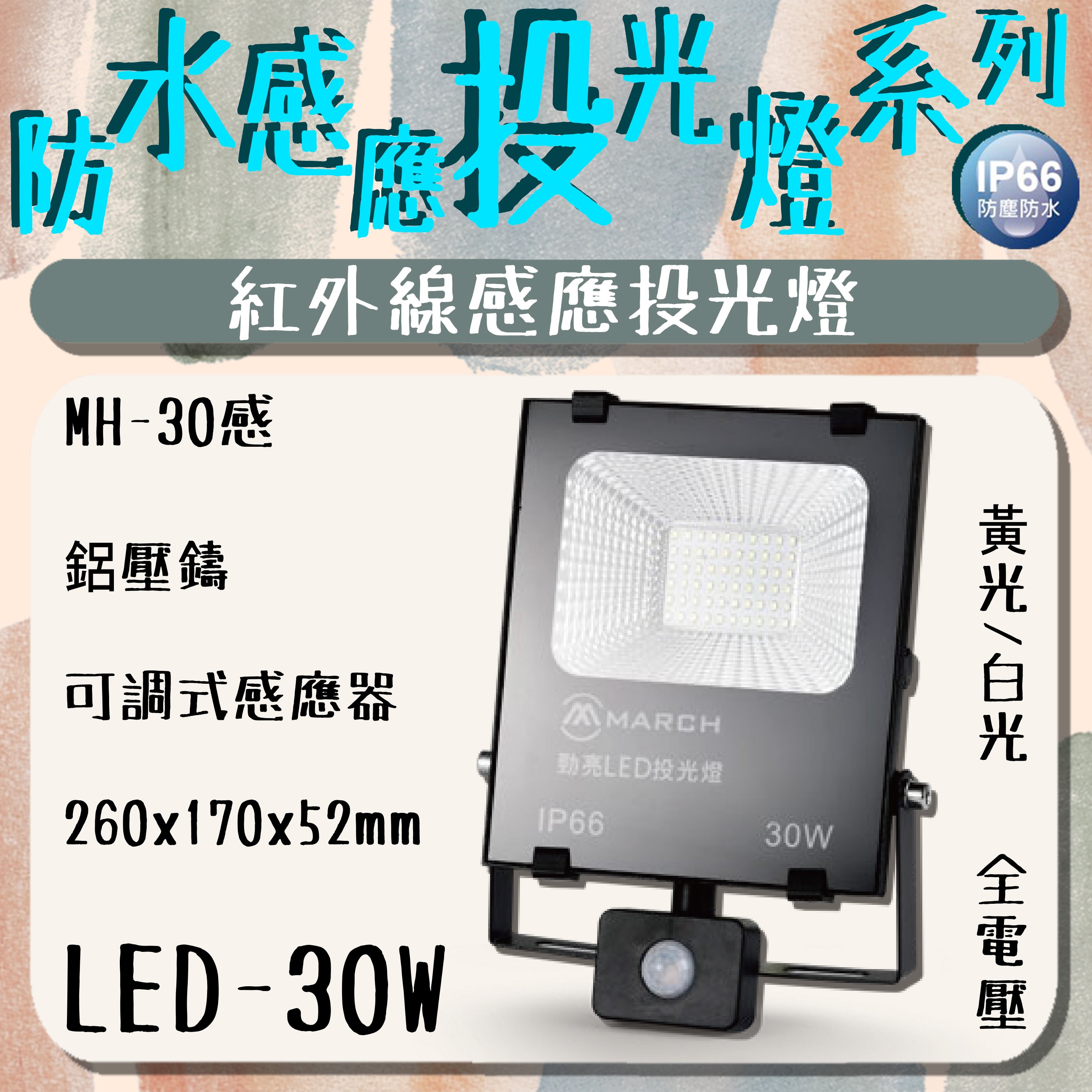 台灣現貨【阿倫燈具】(PMH-30感) LED-30W 紅外線感應投光燈鋁壓鑄可