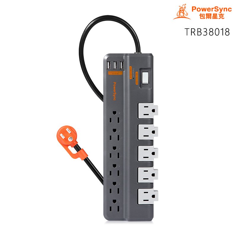 Powersync 群加 TRB38018 1開11插 3埠 USB 防雷擊 抗搖擺 旋轉延長線 灰色 1.8M
