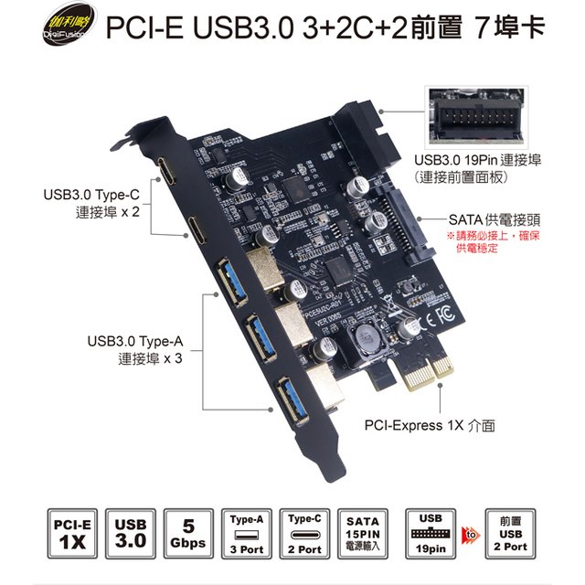 【 大林電子 】galileo 伽利略 PCI-E USB 3.0 3+2C+2前置 7埠卡 擴充卡 PTU32C3