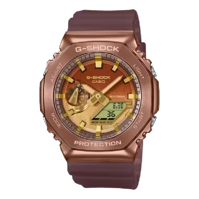 CASIO卡西歐 2100 系列 GM-2100CL-5A 沙漠荒野離子電鍍金屬雙顯時尚腕錶 焦糖玫瑰金 44.4MM