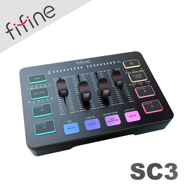 Howhear代理【FIFINE SC3 RGB音訊混音器USB直播聲卡(黑色)】12個電子音階/變聲特效/獨立音量控制介面/一鍵式靜音/48V幻象電源