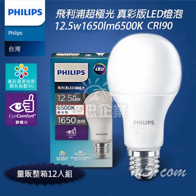 茂忠 飛利浦Philips超極光 真彩美肌 LED-E27 燈泡 12.5W 高演色性 無藍光 超護眼 2年保固 量販整箱12入組