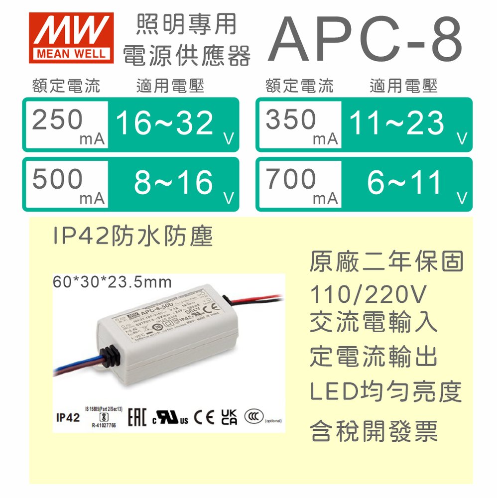 【保固附發票】MW明緯 8W LED driver APC-8 防水電源 定電流 恆流 驅動器 12V 24V 30V