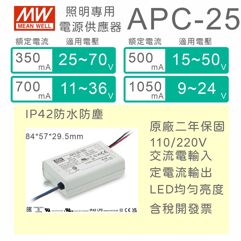 【保固附發票】明緯 25W LED driver APC-25 防水電源 定電流 驅動器 12V 24V 36V 54V