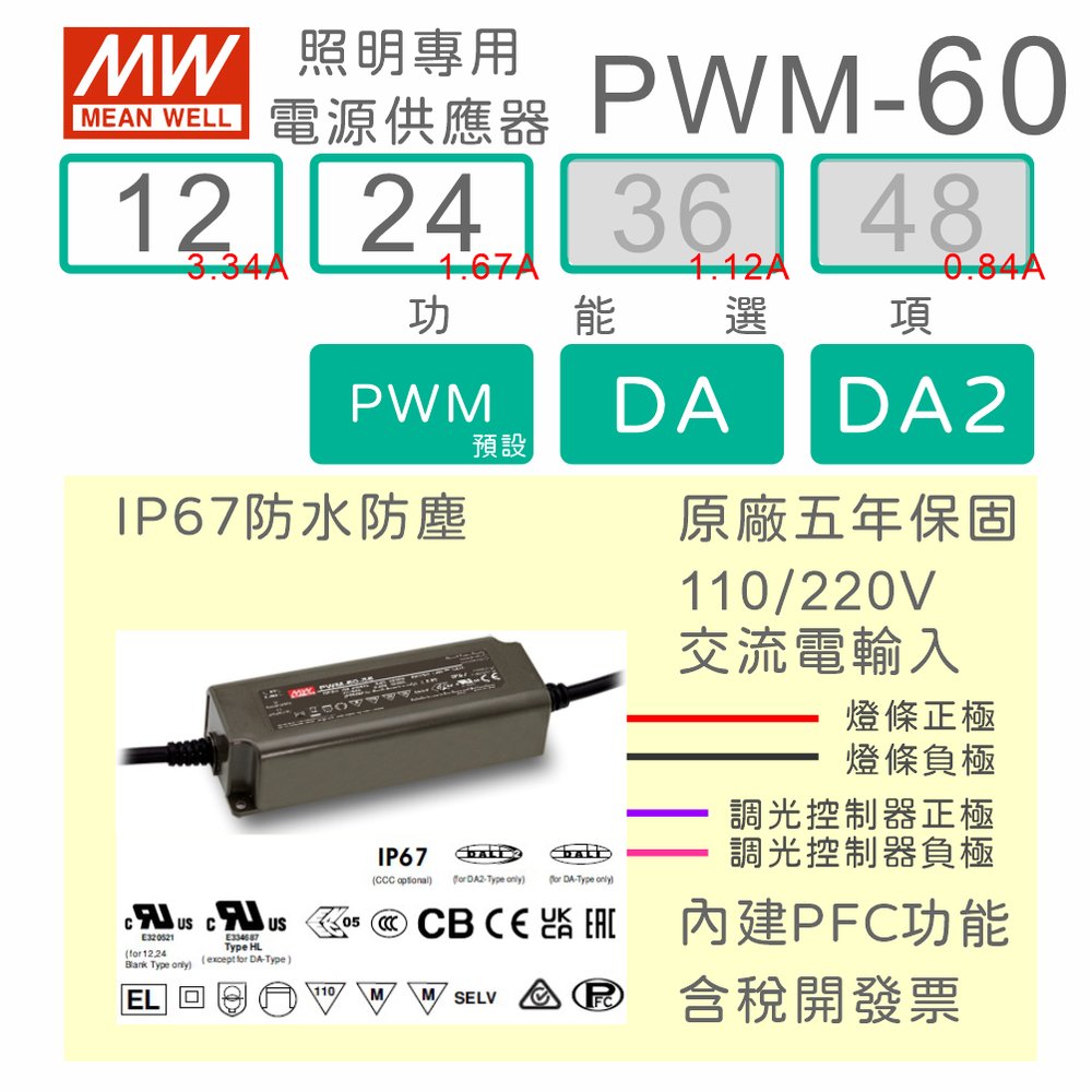 【保固附發票】MW明緯 60W LED燈條DALI2調光 電源 PWM-60-12 12V 24 24V 變壓器 驅動器 條燈