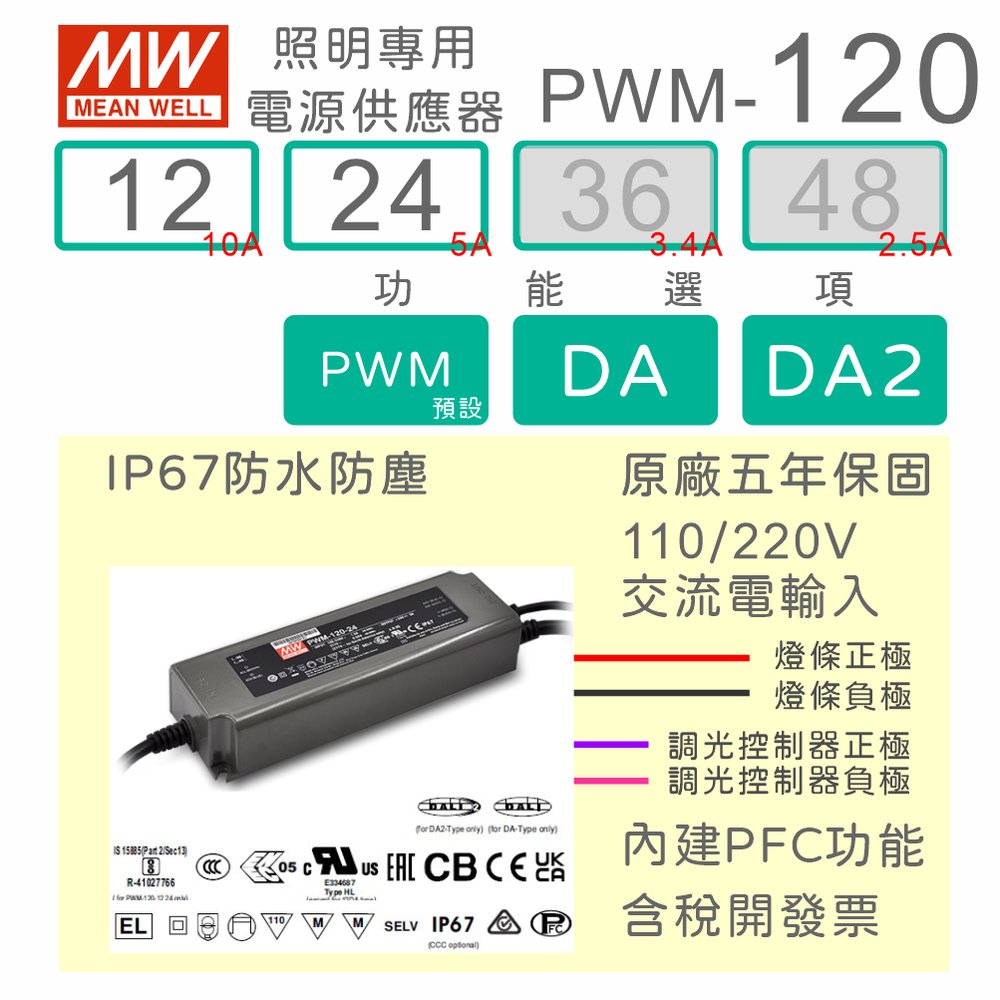 【保固附發票】MW明緯 120W LED燈條 DALI調光電源 PWM-120-12 12V 24 24V 變壓器 驅動器 條燈