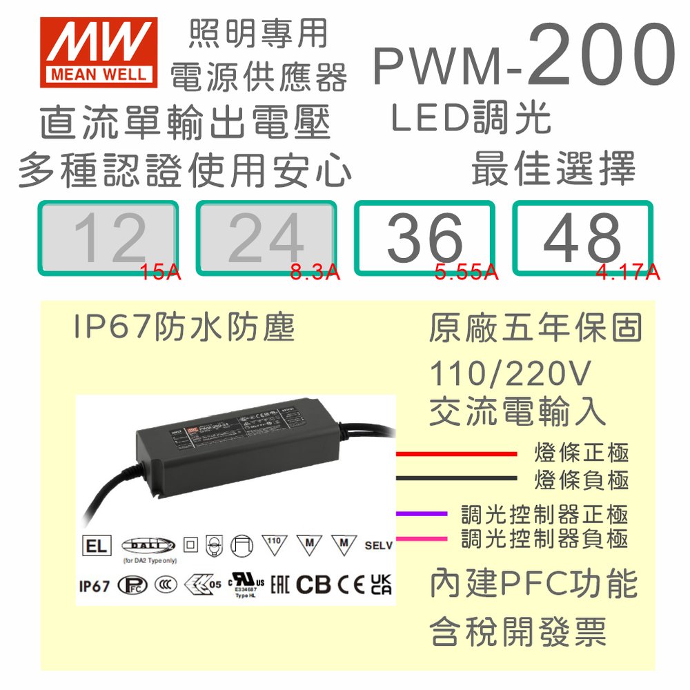 【保固附發票】MW明緯 200W LED燈條調光 電源 PWM-200-36 36V 48 48V 變壓器 驅動器 條燈