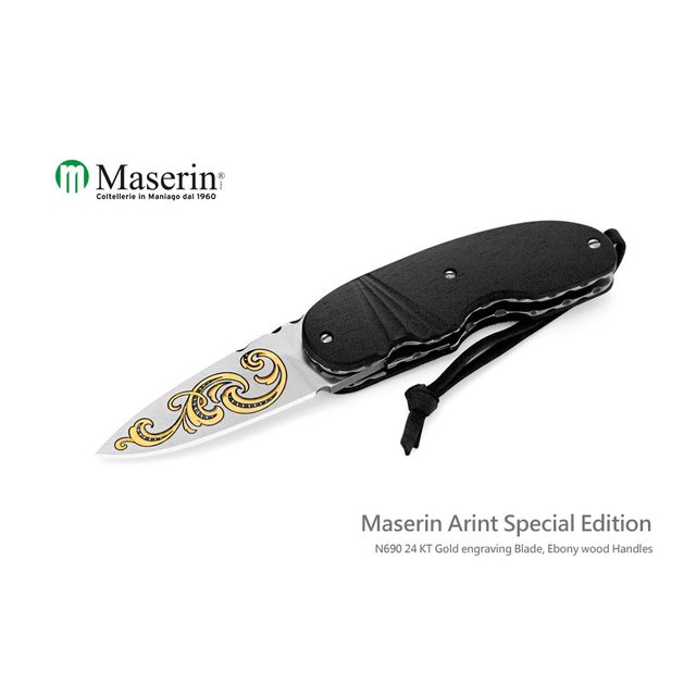 義大利 MASERIN ARINT Special Edition 60周年紀念折刀黑烏木柄(N690鋼表面24K金雕刻，緞面處理) -MASERIN 387/KT