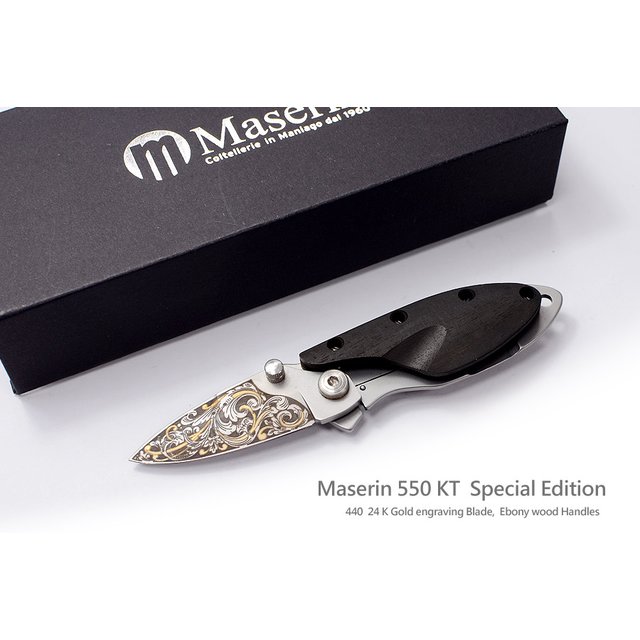 義大利 MASERIN Onefold Special Edition 60周年紀念黑烏木柄折刀(440鋼表面24K金雕刻，噴砂處理)-MASERIN 550/KT